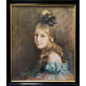 Portrait Of Young Lady Pastel By M. Collineau Dated 1902