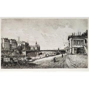 Etching Paris City Hall Bridge Engraving By Lucien Gautier 19th C Old Print