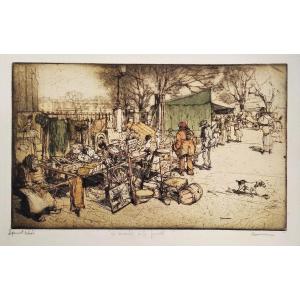 Etching  Flea Market Engraving  By Armand Coussens Old Print