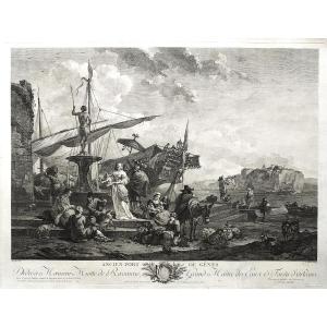 Port Of Genoa Engraving By Jacques Aliamet After Berghem 18th C Etching Old Print