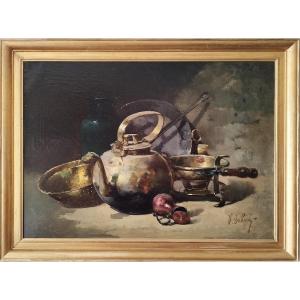 Victor Gallois Oil Painting  Still Life With Copper 19th Century