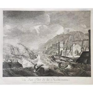 Etching Seascape Port In The Mediterranean  After Ludolf Bakhuizen18th Century Old Print 