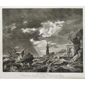 Etching Seascape Storm Tempest After Vernet  Engraving 18th Century Old Print