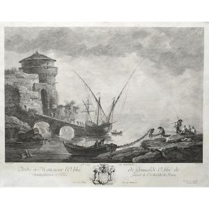 Etching Seascape Marseille By Jacques Aliamet After Vernet Antique 18th C Engraving  Old Print