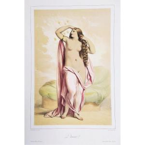  Danae  Watercolored Lithograph By Achille Devéria Greek Mythology Old Print 19th C Nude