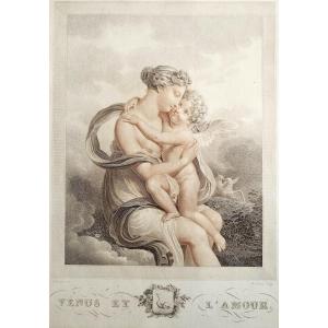 Venus And Love  Mytological Engraving Empire Period By Bosselman Etching Old Print 19th C