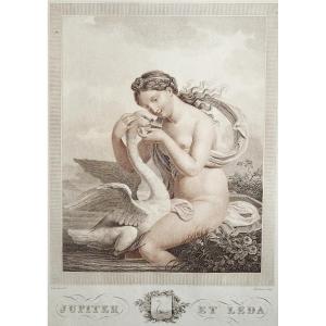 Jupiter And Leda Mythological Engraving Empire Period Etching By Bosselman 19th C Old Print