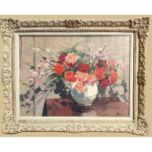 Oil Painting Still Life Flowers Carnations By Jules Roblin 20th Century