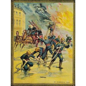 Chromolithograph Firefighters In Touraine Circa 1900 Old Print