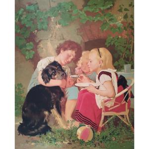 Chromolithographie Ancienne XIXème d'Après Perrault Les Enfants  Et le Chien