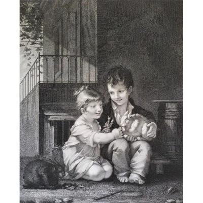 19th C. Engraving Children Rabbits By B. Roger, After P.p. Prud'hon