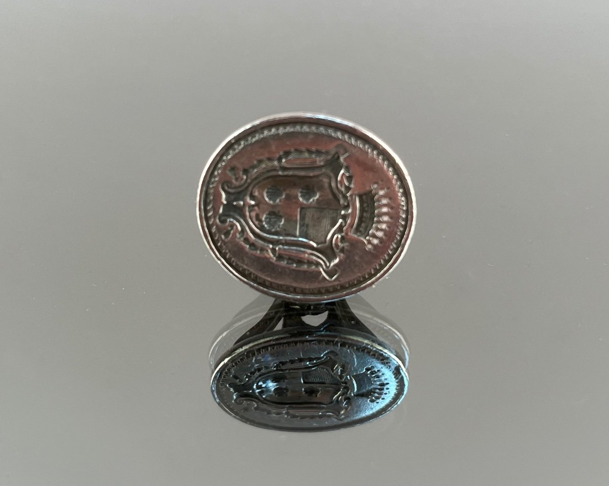 Oval Seal In Silver Or Silver Metal With Coat Of Arms From The 18th Century-photo-4