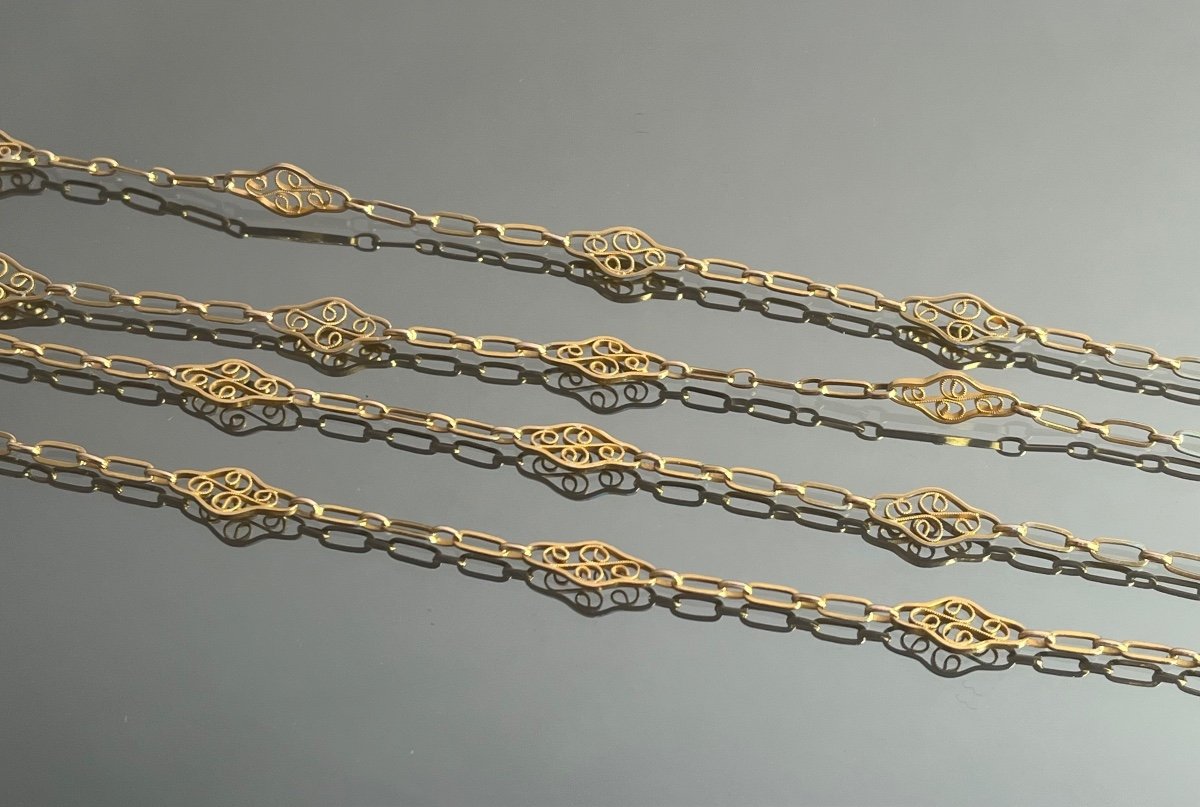 Gold Long Necklace With Filigree Mesh, 19th Century Period-photo-3