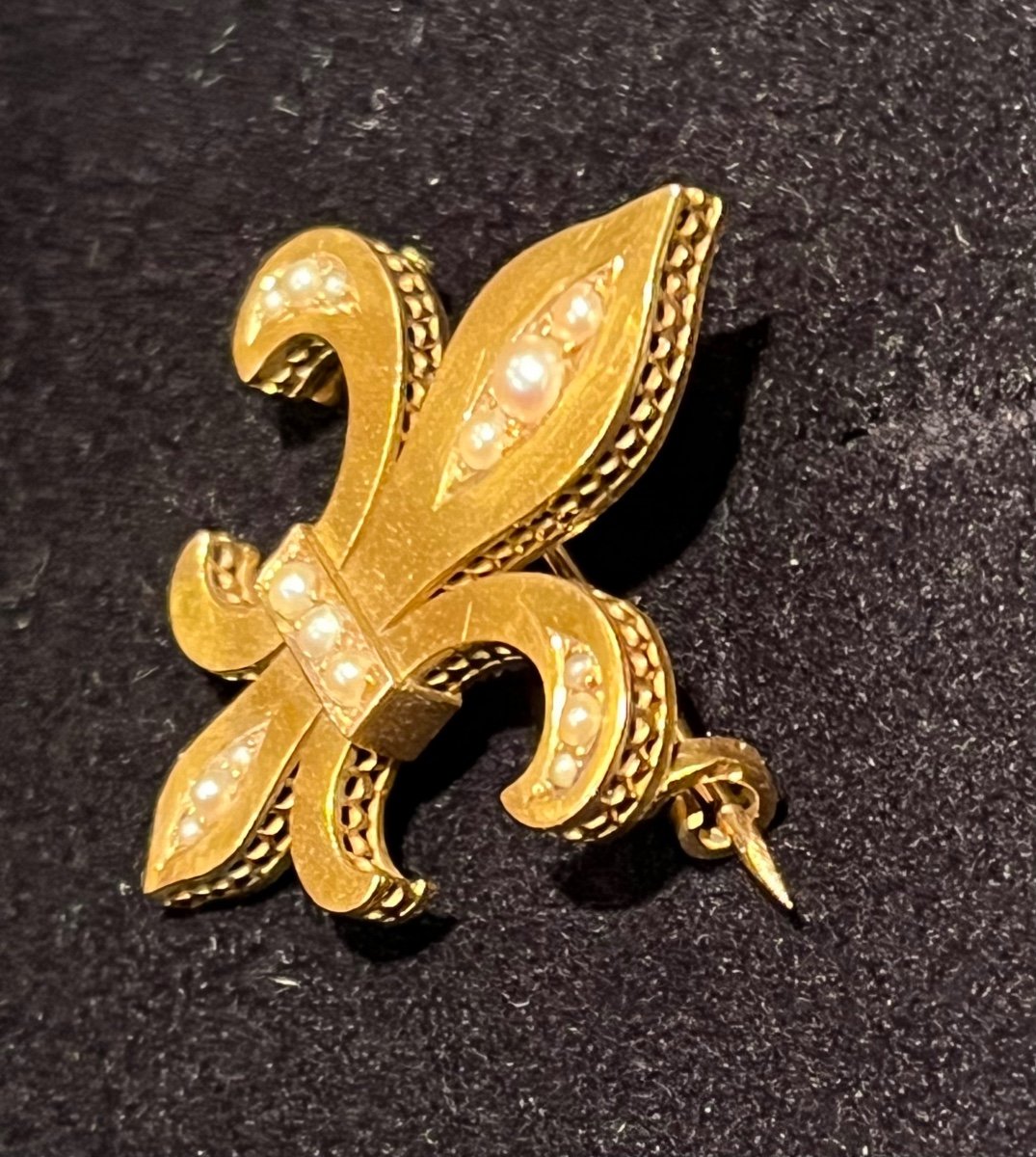 Broche En Or Et Perles Fleur De Lys d'époque XIXème Siècle-photo-3