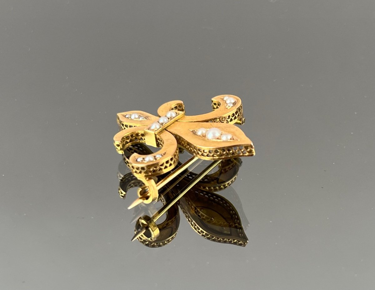 19th Century Gold And Pearl Fleur De Lys Brooch-photo-7