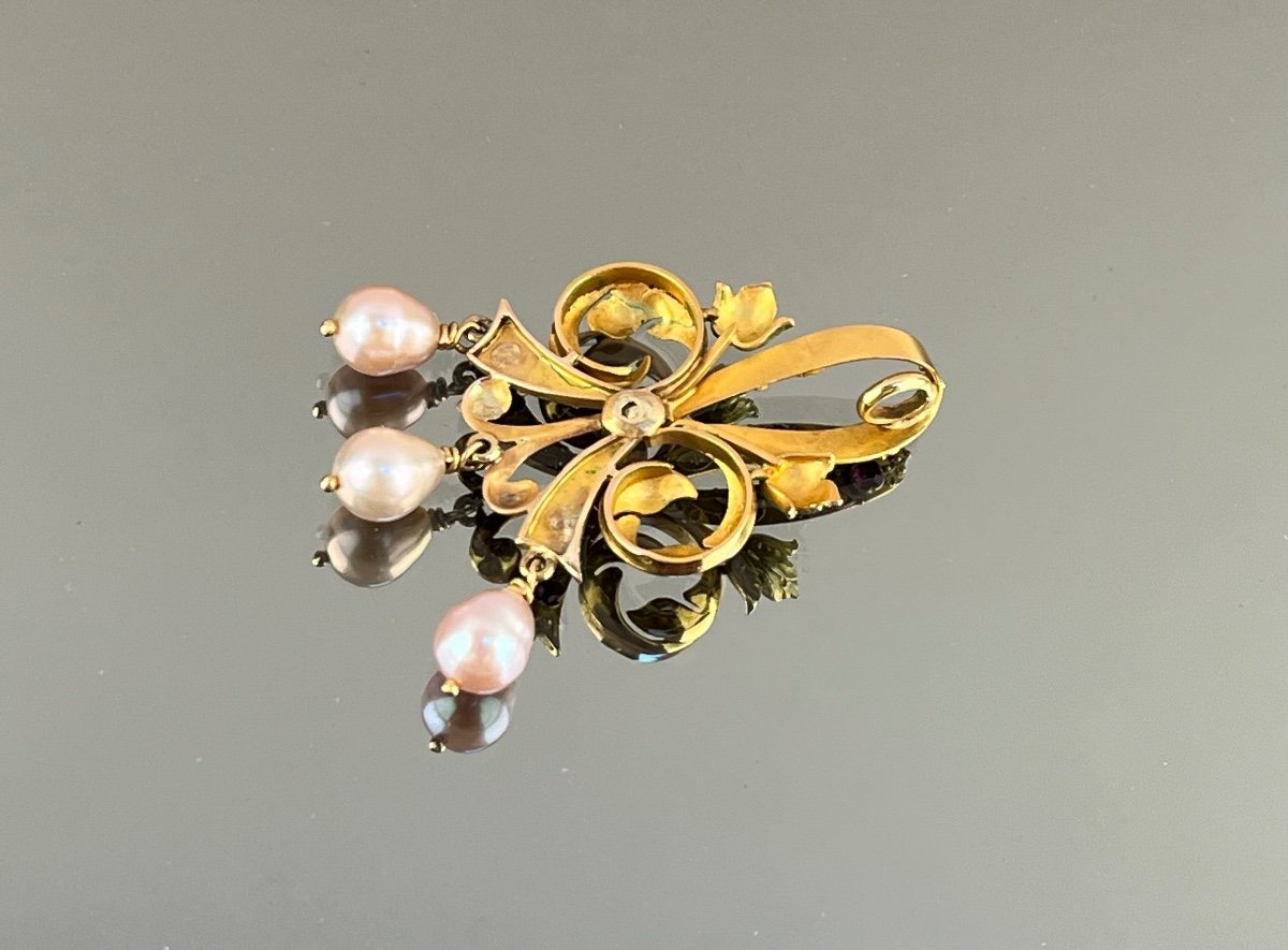 "fleur De Lys" Pendant In 750 Thousandths Gold, Rubies, Diamonds And Pear-shaped Pearls, 19th Century -photo-2