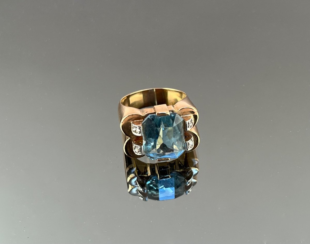 1940s Rose Gold, Platinum, Aquamarine And Diamond Tank Ring-photo-2