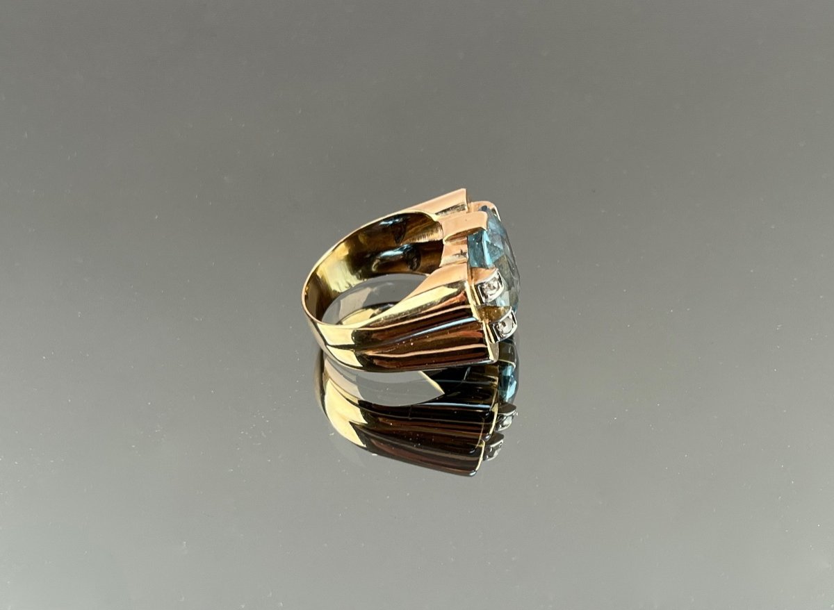 1940s Rose Gold, Platinum, Aquamarine And Diamond Tank Ring-photo-3