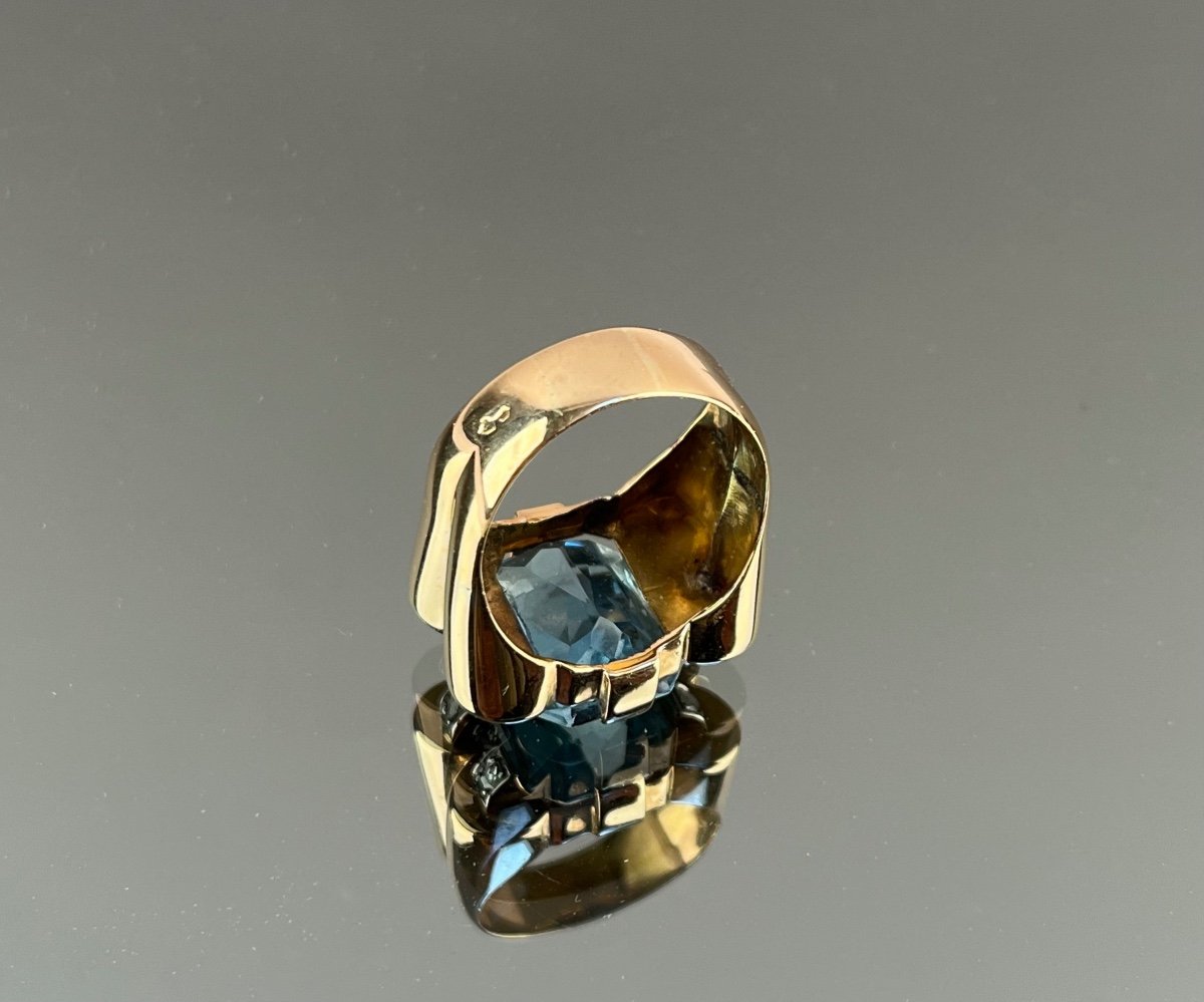 1940s Rose Gold, Platinum, Aquamarine And Diamond Tank Ring-photo-1