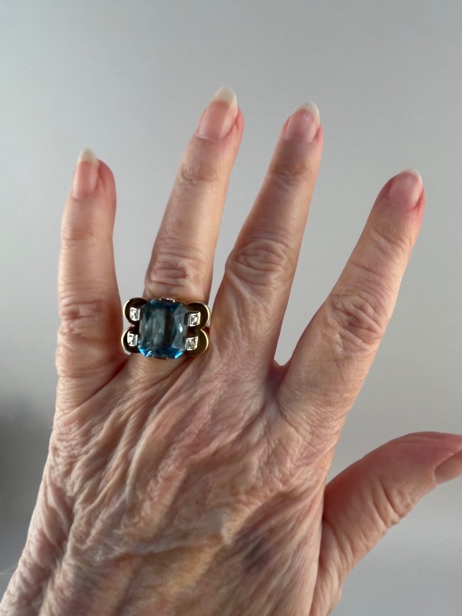 1940s Rose Gold, Platinum, Aquamarine And Diamond Tank Ring-photo-4