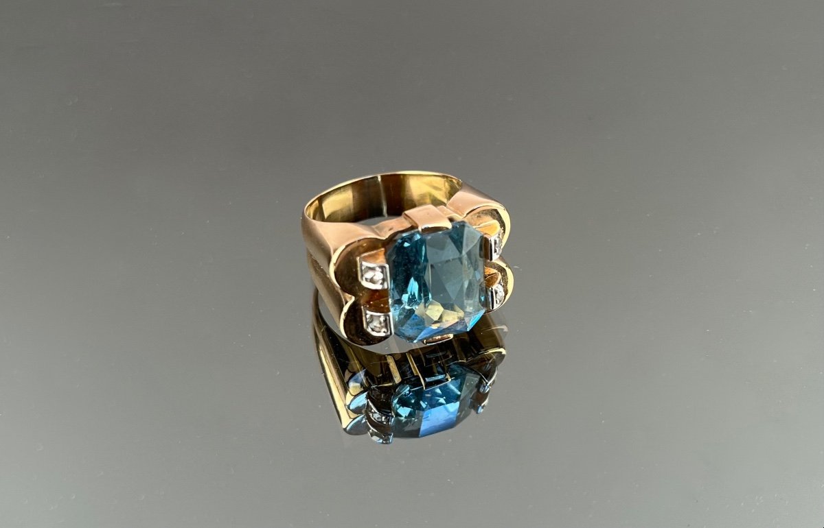 1940s Rose Gold, Platinum, Aquamarine And Diamond Tank Ring