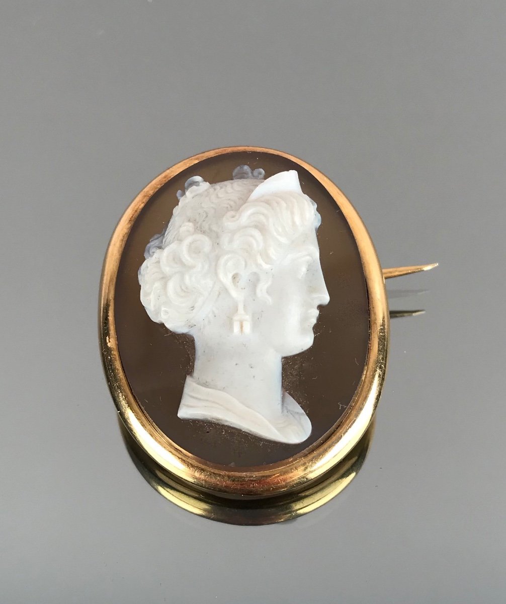 Gold Brooch Set With A Woman's Head Cameo, Napoleon III Period-photo-3