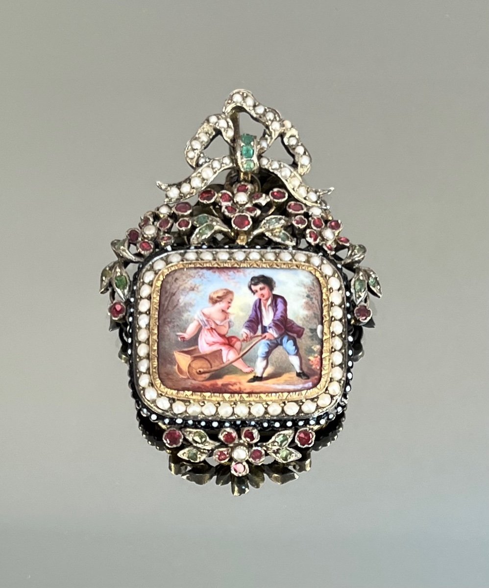 Pendentif En Vermeil, Porcelaine, Perles Fines Et Pierres Précieuses , Milieu  Du XIXème Siècle-photo-2