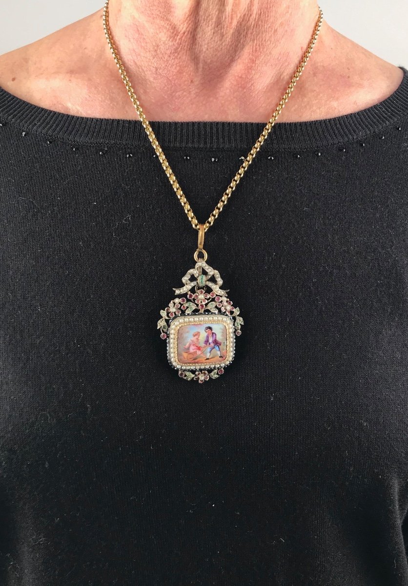 Pendentif En Vermeil, Porcelaine, Perles Fines Et Pierres Précieuses , Milieu  Du XIXème Siècle-photo-2