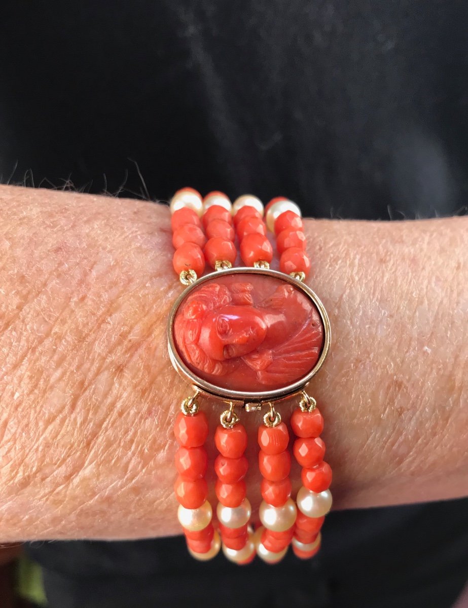 Coral And Pearls Bracelet With Cameo XIXth Century-photo-2