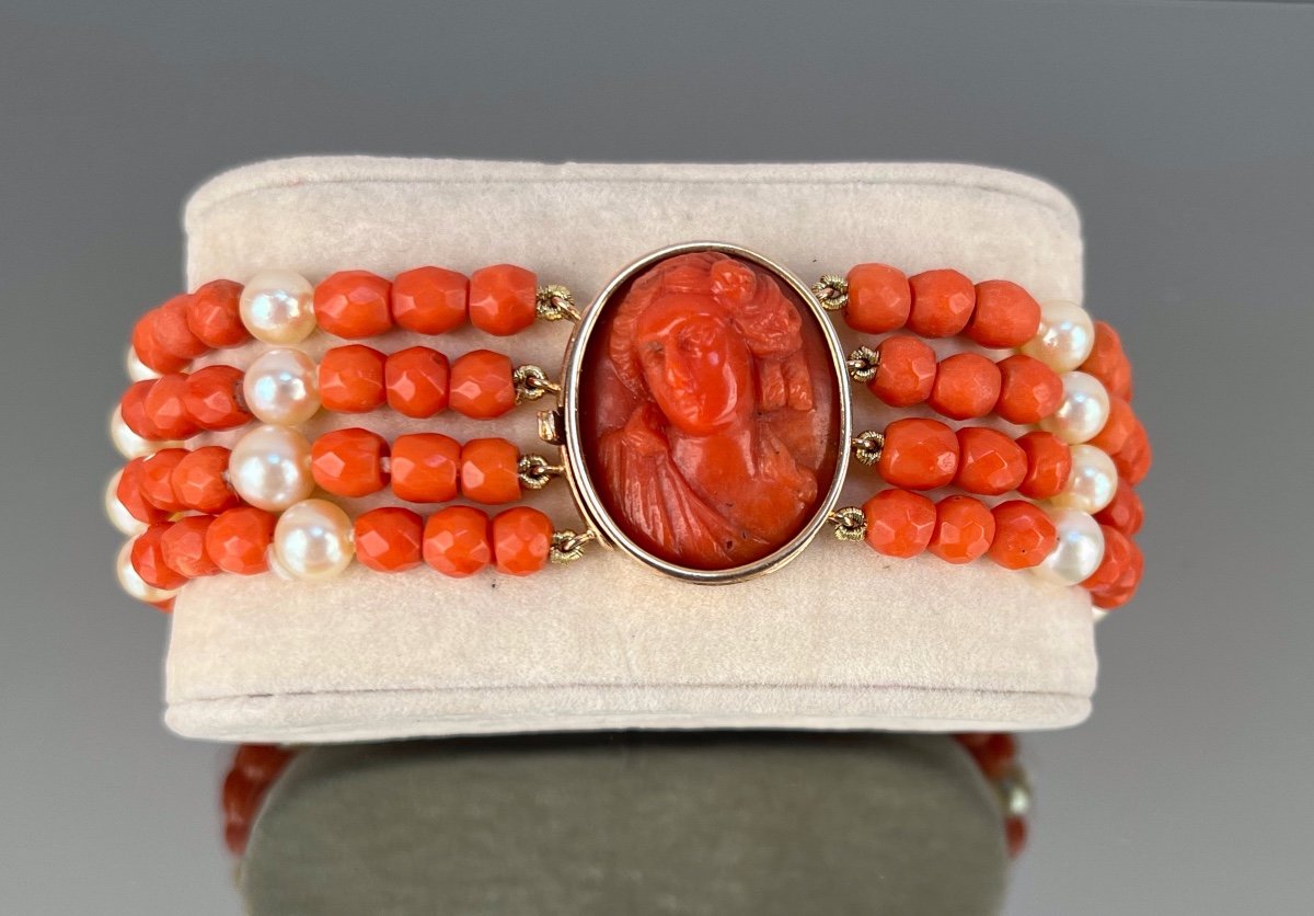 Coral And Pearls Bracelet With Cameo XIXth Century-photo-4