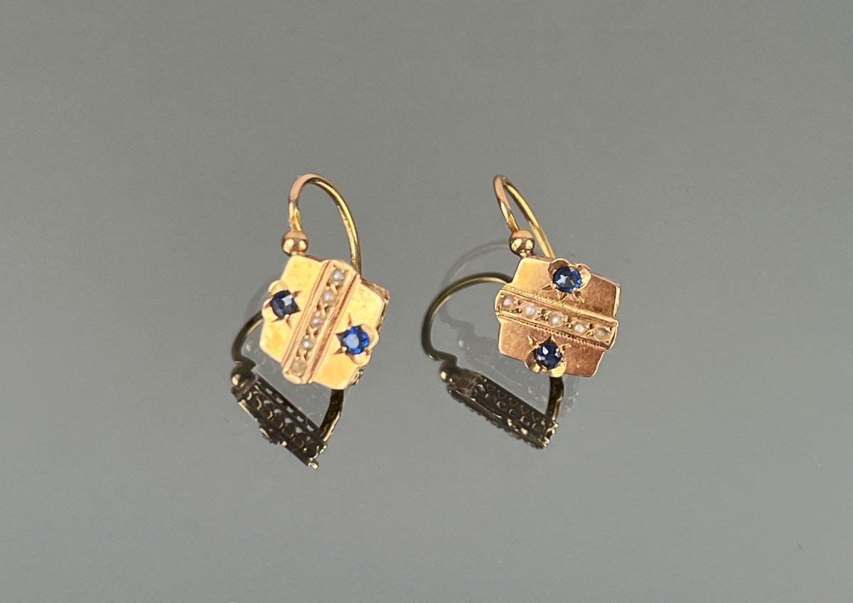 Pair Of Earrings In Gold, Fine Pearls And Blue Stones From The Beginning Of The 20th Century-photo-2