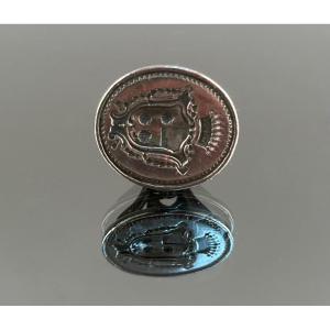 Oval Seal In Silver Or Silver Metal With Coat Of Arms From The 18th Century