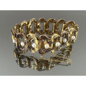 Blue Enameled Gold Curb Bracelet, Pearls And Diamonds From The Napoleon III Period