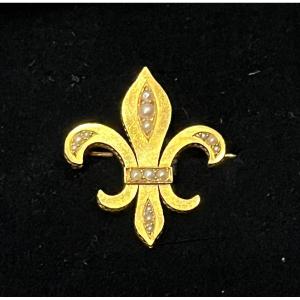 Broche En Or Et Perles Fleur De Lys d'époque XIXème Siècle