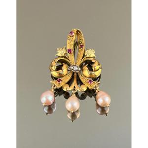 "fleur De Lys" Pendant In 750 Thousandths Gold, Rubies, Diamonds And Pear-shaped Pearls, 19th Century 