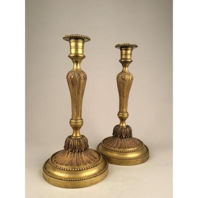 Pair Of Candlesticks In Bronze Dore Louis XVI Period