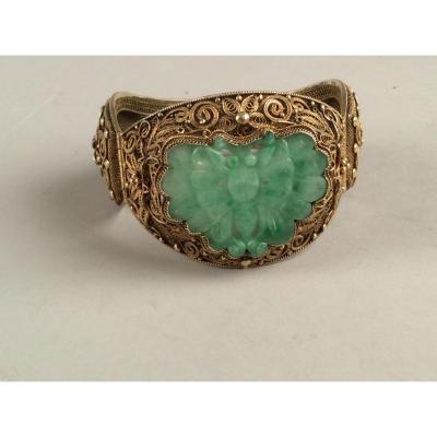 Opening Bracelet Rigid Silver Gold And Jade, Qing Dynasty China
