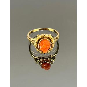 Gold And Cameo Ring In Coral, Napoleon III Period