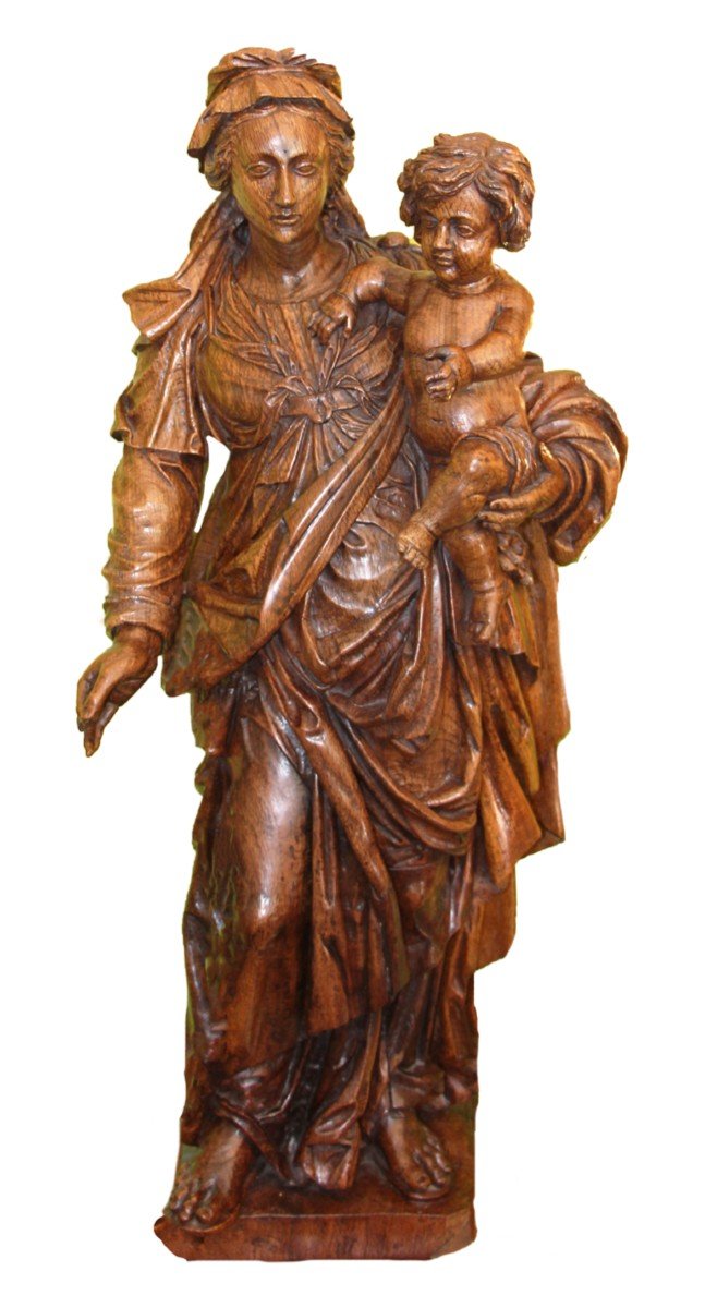 Important Virgin And Child In Carved Oak. 18th Century