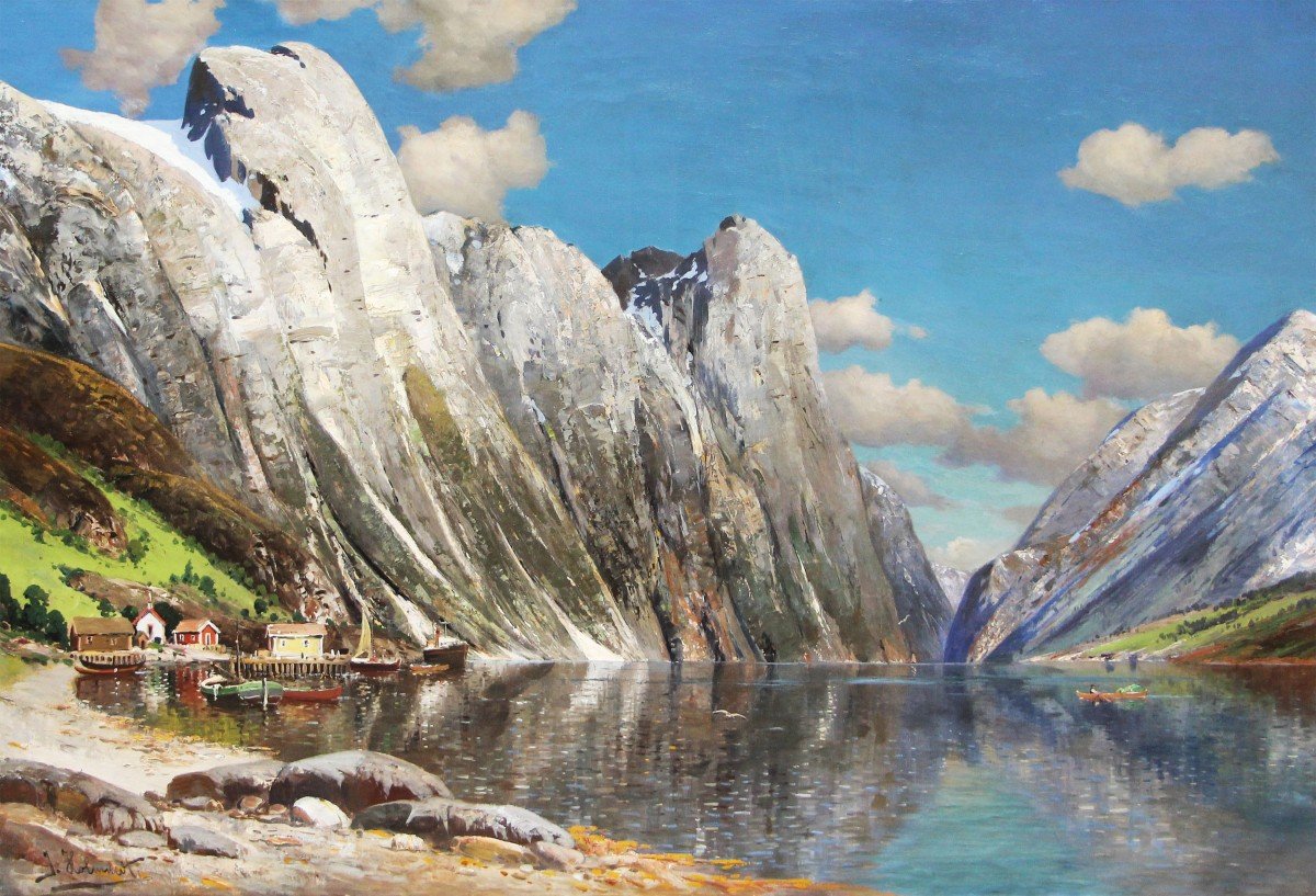  Karl Kaufmann  ( 1843 Neuplachowitz - 1905 Vienne) Fjord Norvégien (circa 1890-1900) 