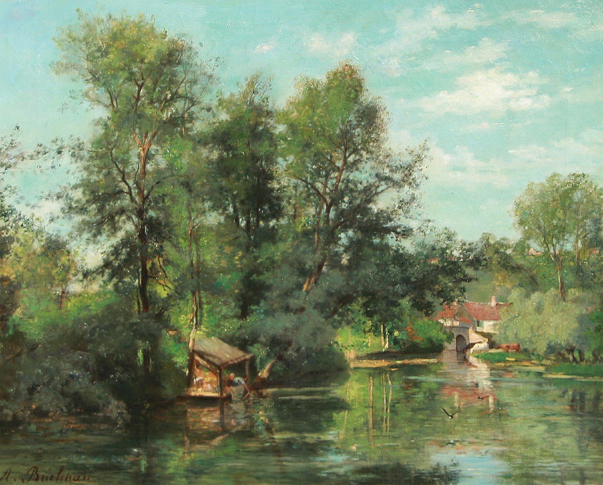 Jacques Alfred Brielman (1836-1892) Les Lavandières Au Bord Du Grand Morin à Guérard (en 1874) 