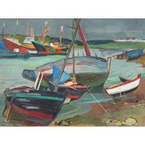 Roger Worms (1907-1980) Boat At Quay, Port Of Etel 