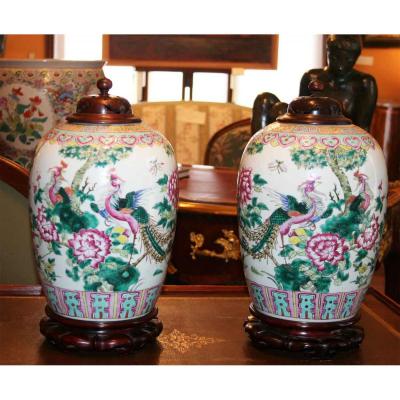 Pair Of Porcelain Covered Potiches