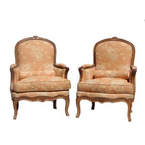 Large Pair Of Bergeres With Flat Backs, Louis XV Period,