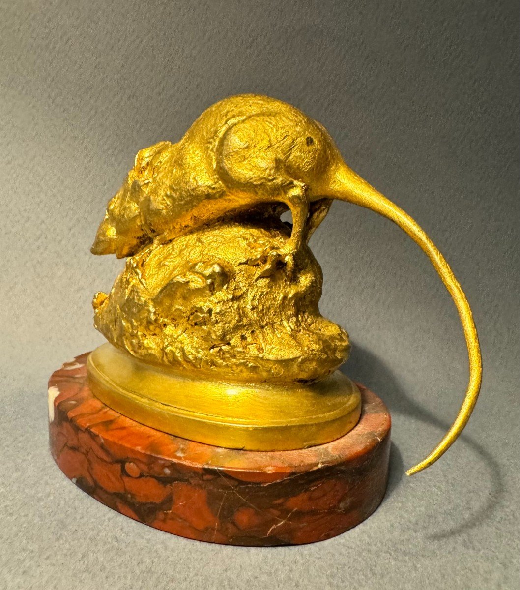 Sculpture en bronze doré "Souris à la mouche" T. HINGRE-photo-2