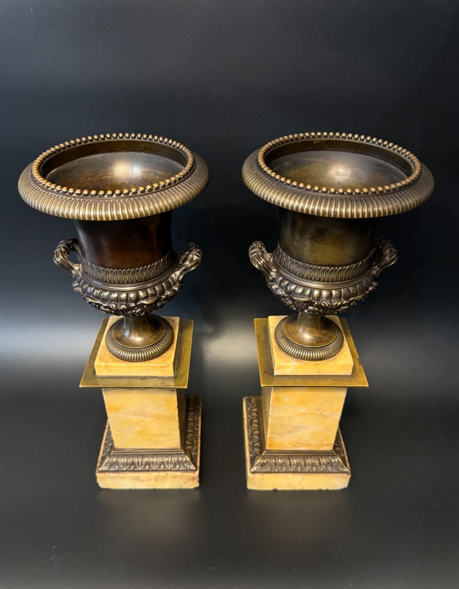 Pair Of Empire Bronze Cassolettes With Medici Vases -photo-3