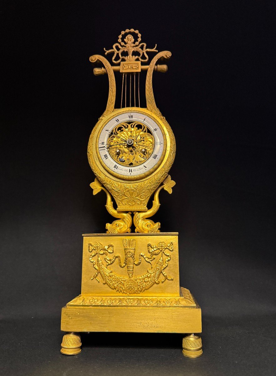 Empire Period Clock Lyre With Dolphins In Gilded Bronze-photo-2