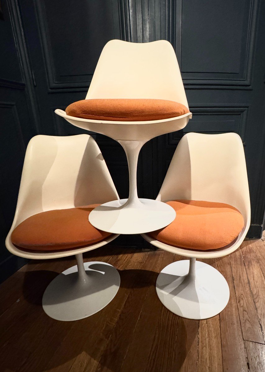 Suite De 3 Chaises Vintage "tulipe", Saarinen & Knoll, Fixes 1970-photo-3