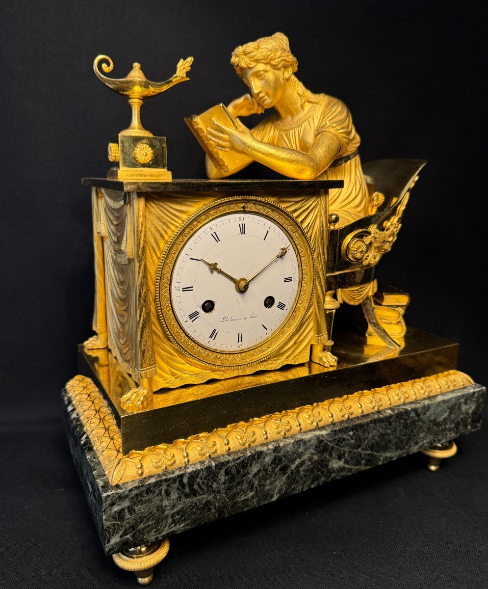 Clock ''la Liseuse'' In Gilded Bronze By Ja Reiche, Empire Period-photo-2