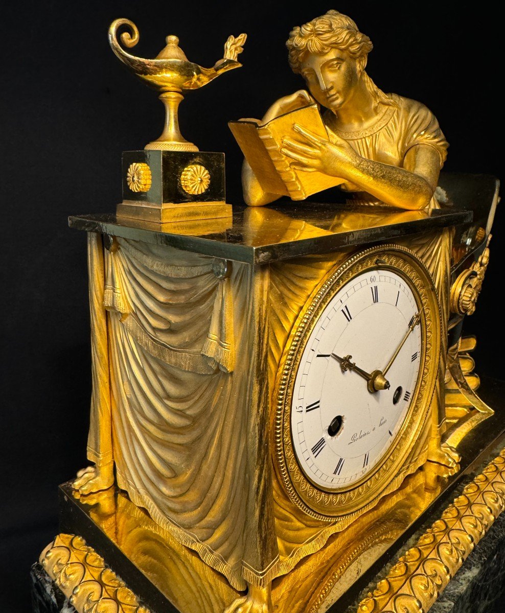 Clock ''la Liseuse'' In Gilded Bronze By Ja Reiche, Empire Period-photo-3